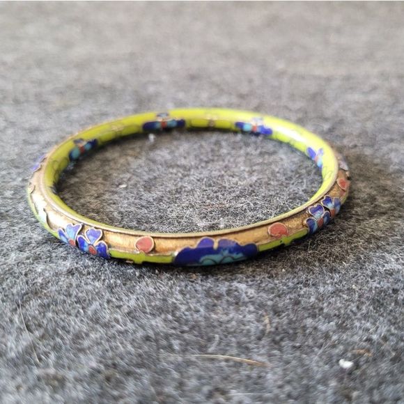 Rare Vtg Cloisonne Bracelet Champleve Blue and Green Enamel Multicolor Flower - Picture 3 of 3